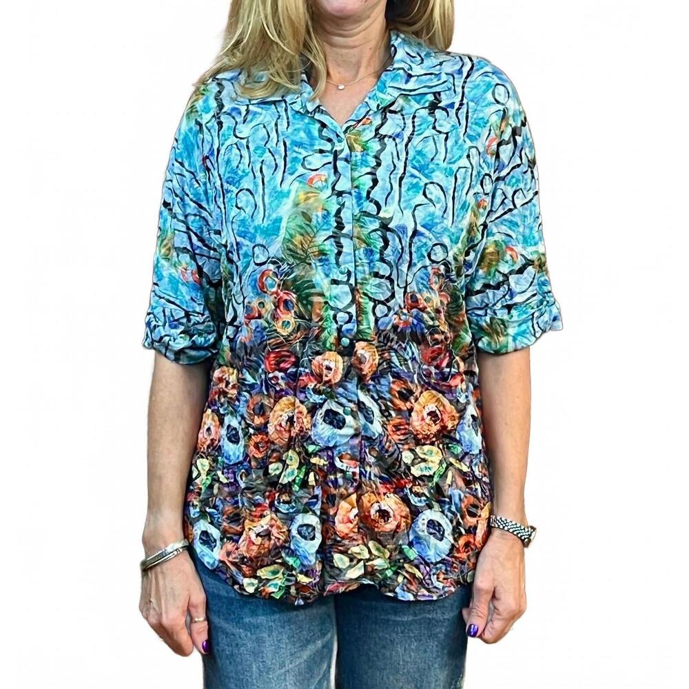 NEW SHANA APPAREL dolman crinkle snap button shirt in multi